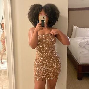 Oh Polly Sheer Embellished Bodycon Mini Dress in Mocha